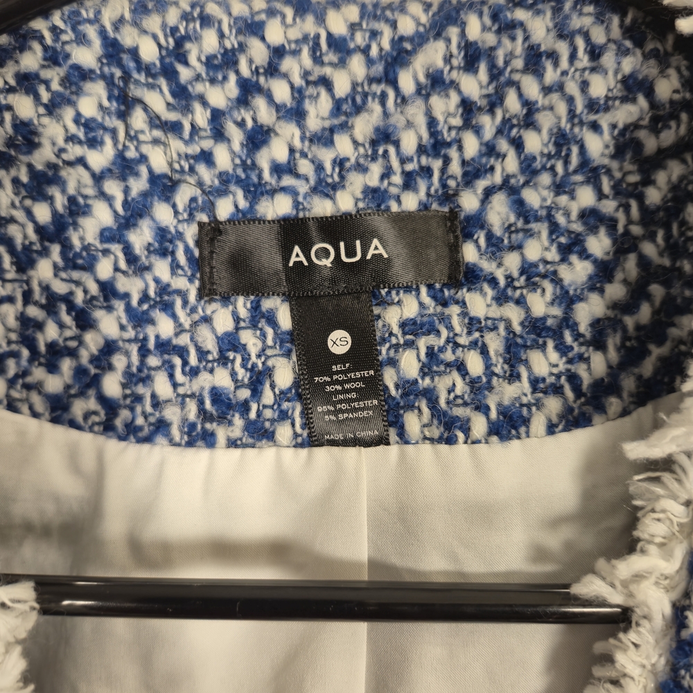 AQUA Blue & White Tweed Fringed Jacket Pearl Buttons Size XS Chanel Style - Picture 6 of 6